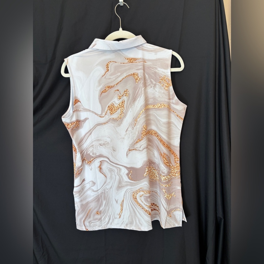 Legogolfs White and Tan Sleeveless Collared Golf Sports Shirt Women’s Large New - Picture 2 of 6